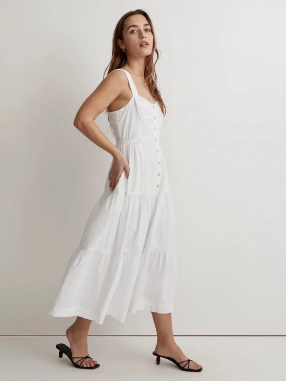 Madewell White Tiered Button-Front Midi Dress